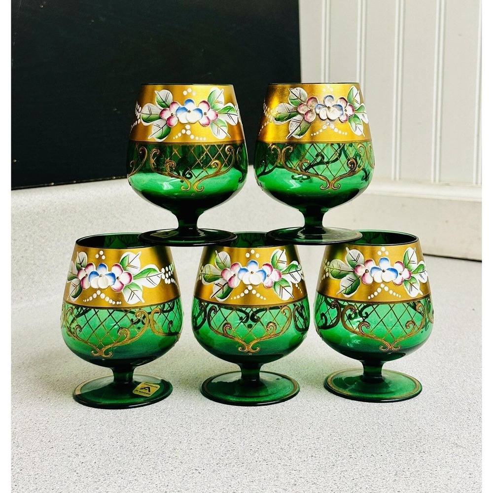Vintage Czech Bohemian Emerald Green Glass Gold Enamel Flowers Goblets-Set of 5